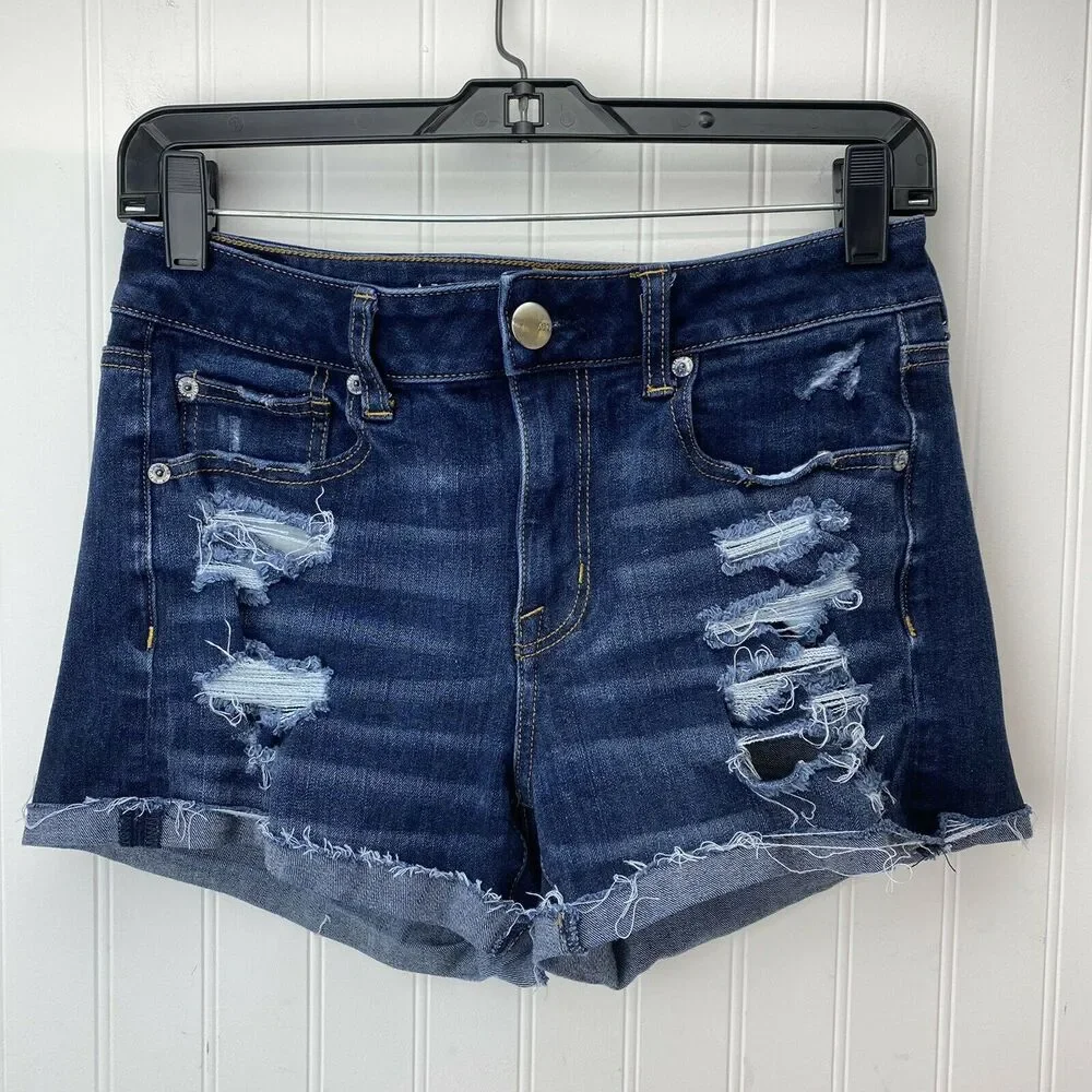 American Eagle Shorts 6 Hi-Rise Shortie 360 Super Stretch Denim Distressed EUC